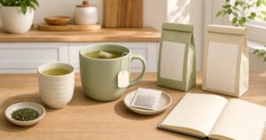 緑茶を入れた湯のみとマグ、無地のタグ付きティーバッグ、未使用の茶袋、二つの無地パッケージと白紙の比較ノート