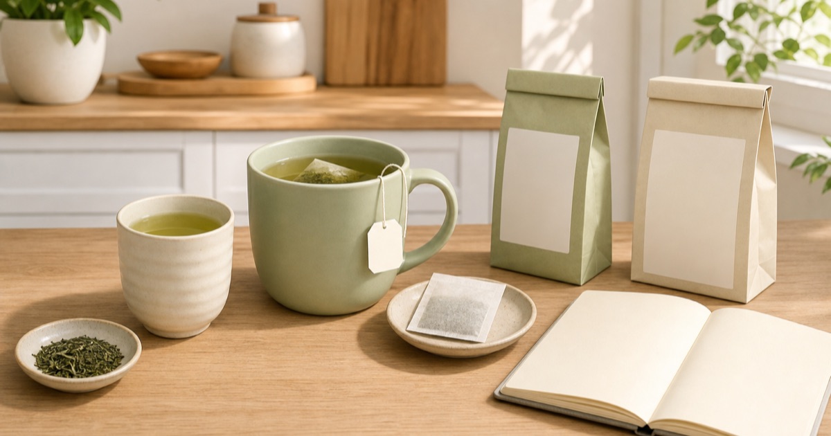 緑茶を入れた湯のみとマグ、無地のタグ付きティーバッグ、未使用の茶袋、二つの無地パッケージと白紙の比較ノート